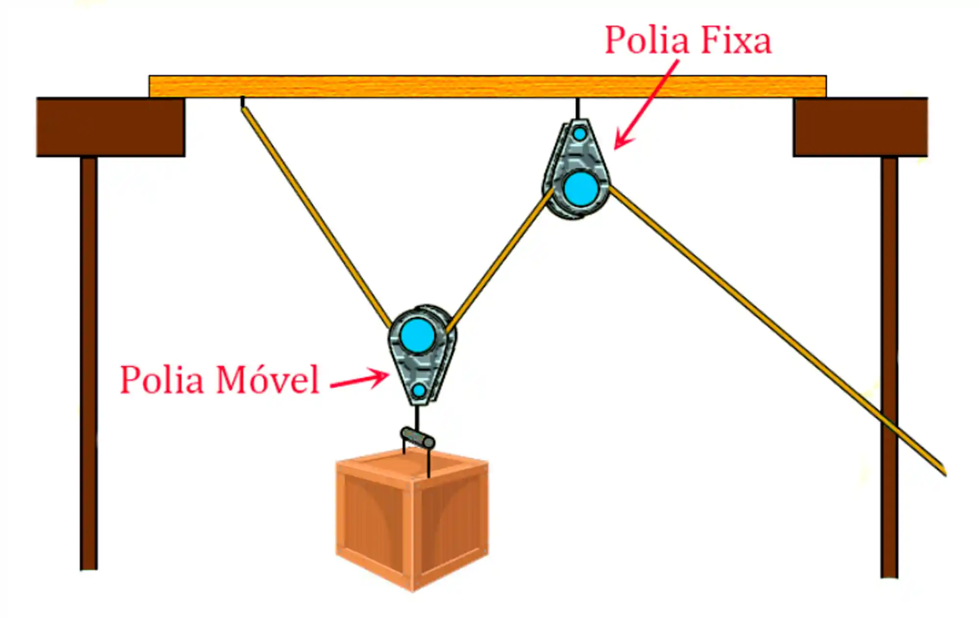 Polia móvel (à esquerda) e polia fixa (à direita).